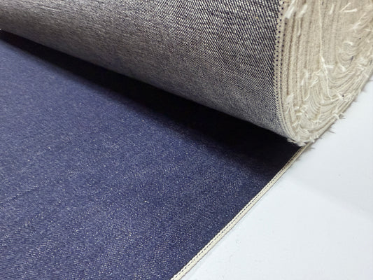 Okayama Denim 13 oz Japanese Indigo Kibata Selvage Denim fabric roll showcasing premium quality and texture.