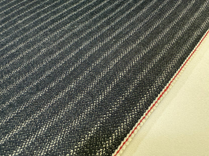 Okayama Denim | Close-up of 11.3 oz Black Selvedge Hickory Denim fabric showing the modern stripe pattern.