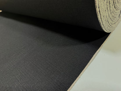 Okayama Denim | 14.6oz double-sided black Japanese selvage fabric showing smooth texture and quality craftsmanship.