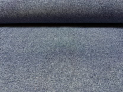 Okayama Denim 4.5 oz Japanese indigo selvage chambray fabric shown by the yard, lightweight and breathable.