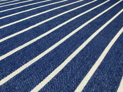Okayama Denim fabric featuring Japanese indigo cotton discharge printing stripes by the yard.