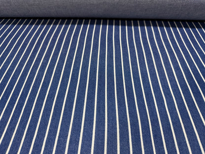 Okayama Denim fabric featuring blue and white striped pattern from Japanese indigo cotton discharge printing.