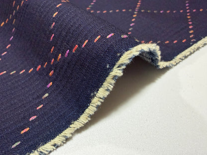 Okayama Denim 7 oz Sashiko Big Diamond Cotton Fabric with colorful stitching by the yard.
