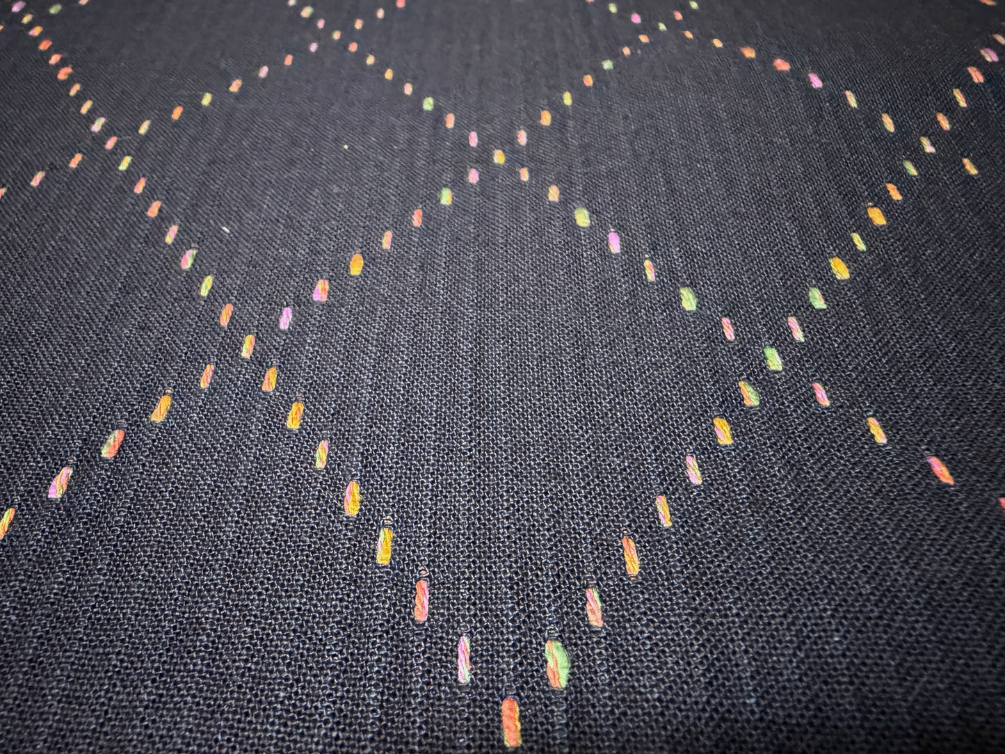 Okayama Denim fabric featuring colorful multi-color stitching in a big diamond pattern, lightweight and soft 7 oz cotton.