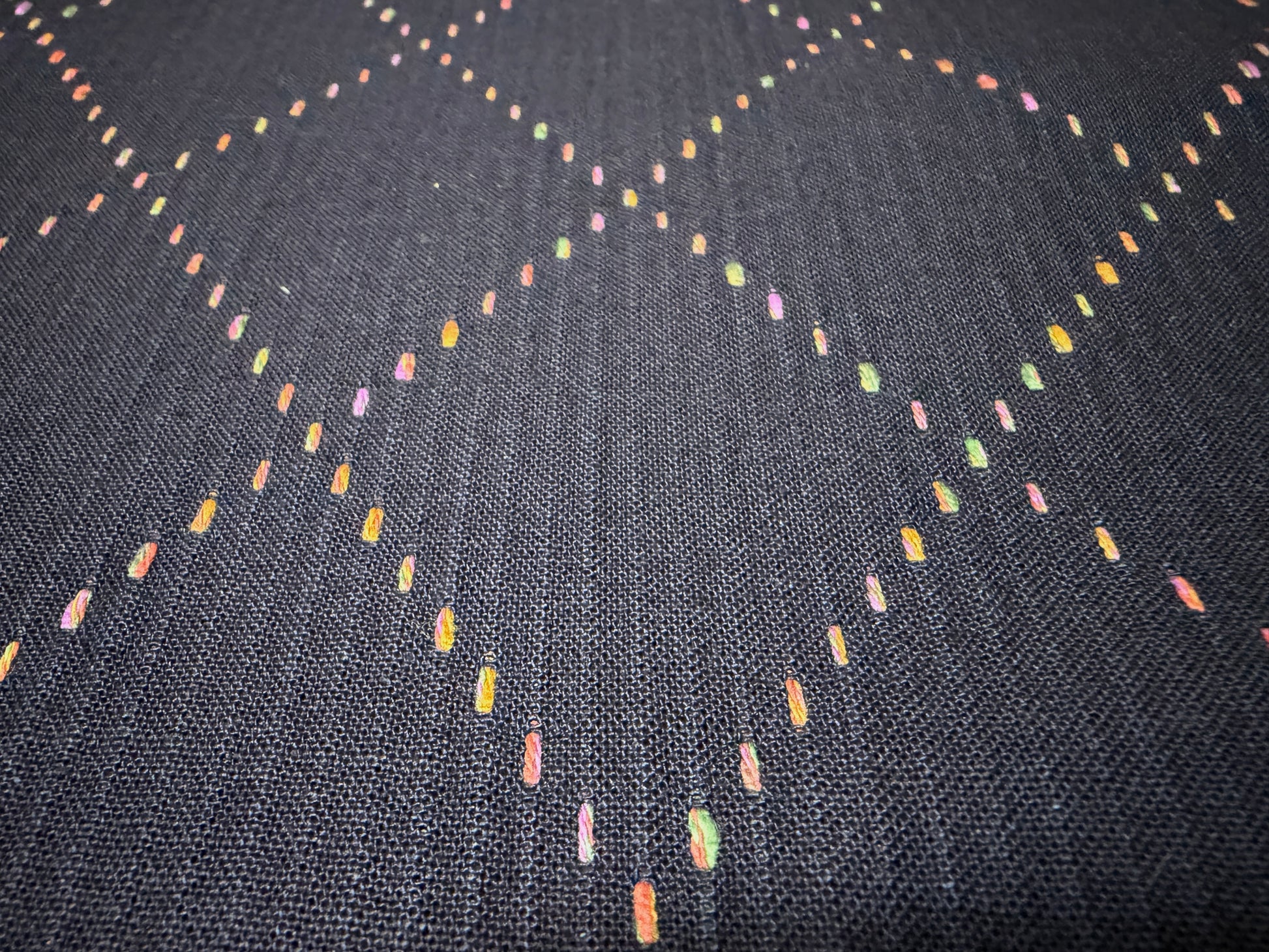 Okayama Denim fabric featuring colorful multi-color stitching in a big diamond pattern, lightweight and soft 7 oz cotton.