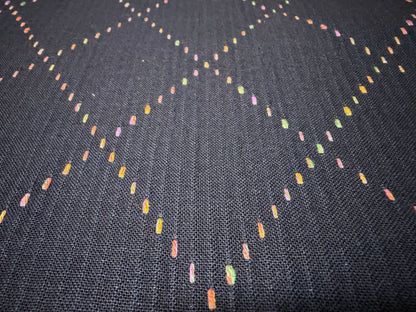 Okayama Denim fabric featuring colorful multi-color stitching in a big diamond pattern, lightweight and soft 7 oz cotton.