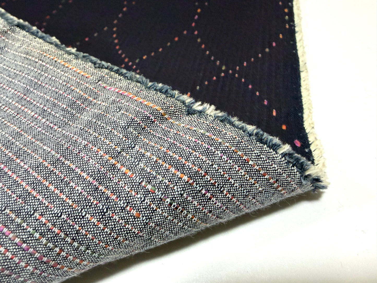 Okayama Denim 7 oz Sashiko Diamond Lattice Cotton Fabric showcasing colorful stitching and soft texture.