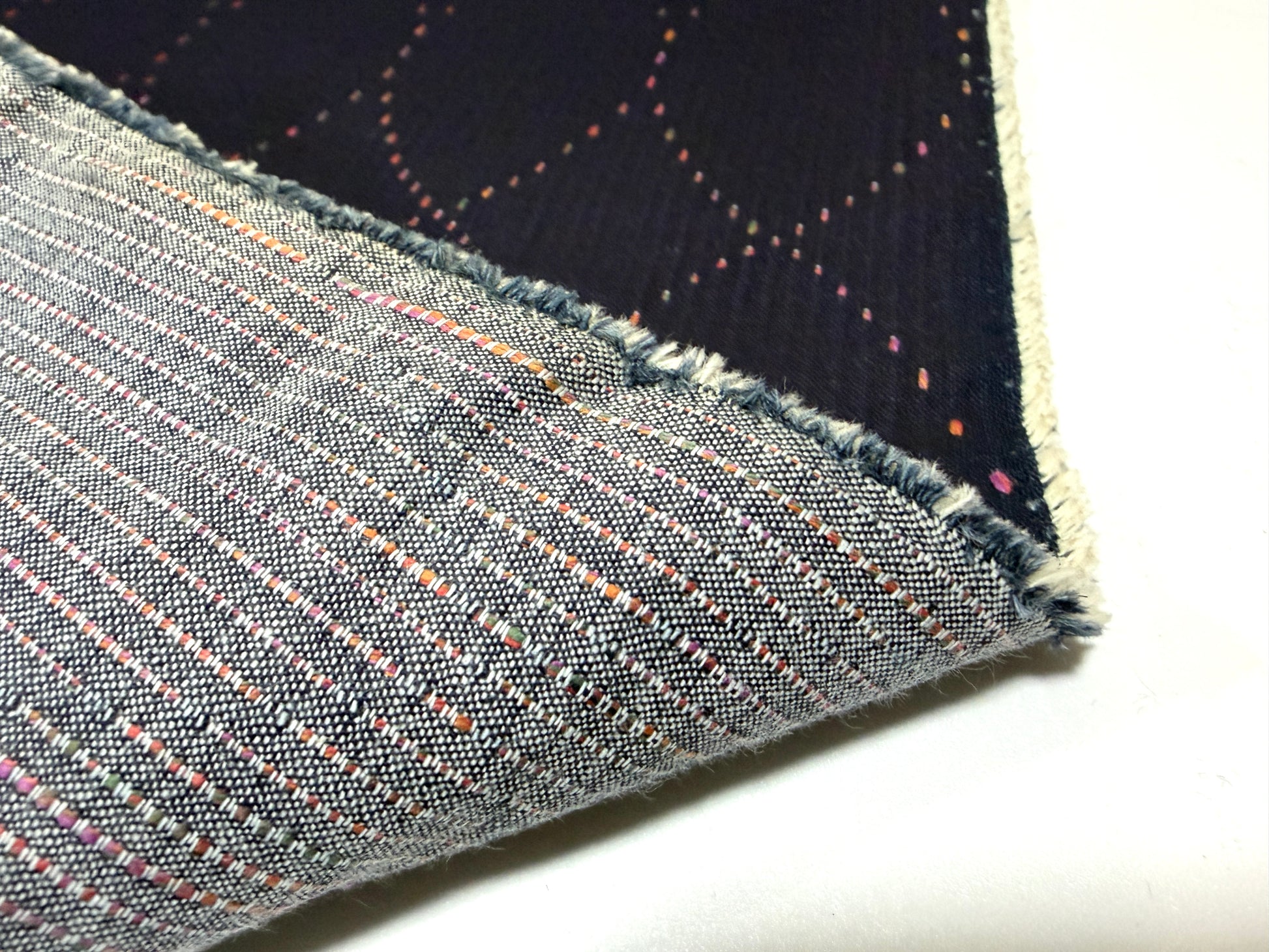 Okayama Denim 7 oz Sashiko Diamond Lattice Cotton Fabric showcasing colorful stitching and soft texture.