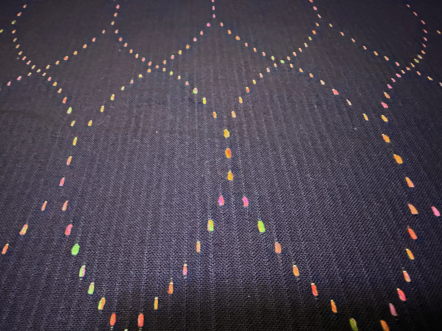 Okayama Denim 7 oz Sashiko 'Diamond Lattice' cotton fabric featuring colorful stitching detail.