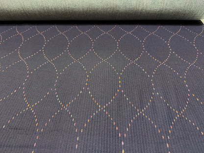 Okayama Denim 7 oz Sashiko fabric featuring colorful stitching in diamond lattice pattern, lightweight and unique.