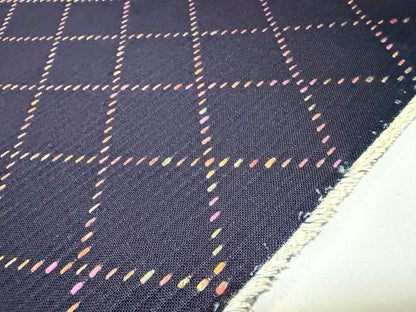 Okayama Denim fabric with colorful multi-color stitching in a unique 'Small Diamond' pattern, perfect for crafting.