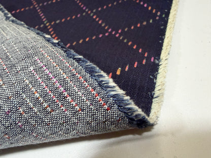Okayama Denim fabric with colorful multi-color stitching, showcasing the unique Sashiko design on a 7 oz cotton fabric.