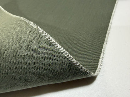 Okayama Denim 7.5 oz Japanese cotton olive dungaree fabric showcasing selvage edge.