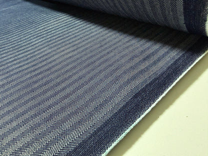 Okayama Denim fabric featuring a navy herringbone stripe pattern, made from high-quality Japanese cotton.