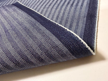 Okayama Denim 10.5 oz Japanese Cotton Herringbone Stripe Blue Fabric showing rich texture and reversible design.