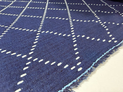 Close-up of Okayama Denim fabric showcasing blue and white sashiko stitching on a textured background.