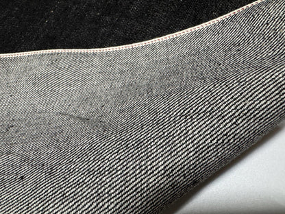 Close-up of Okayama Denim 10.5 oz black selvage fabric showcasing its smooth texture and durable weave.