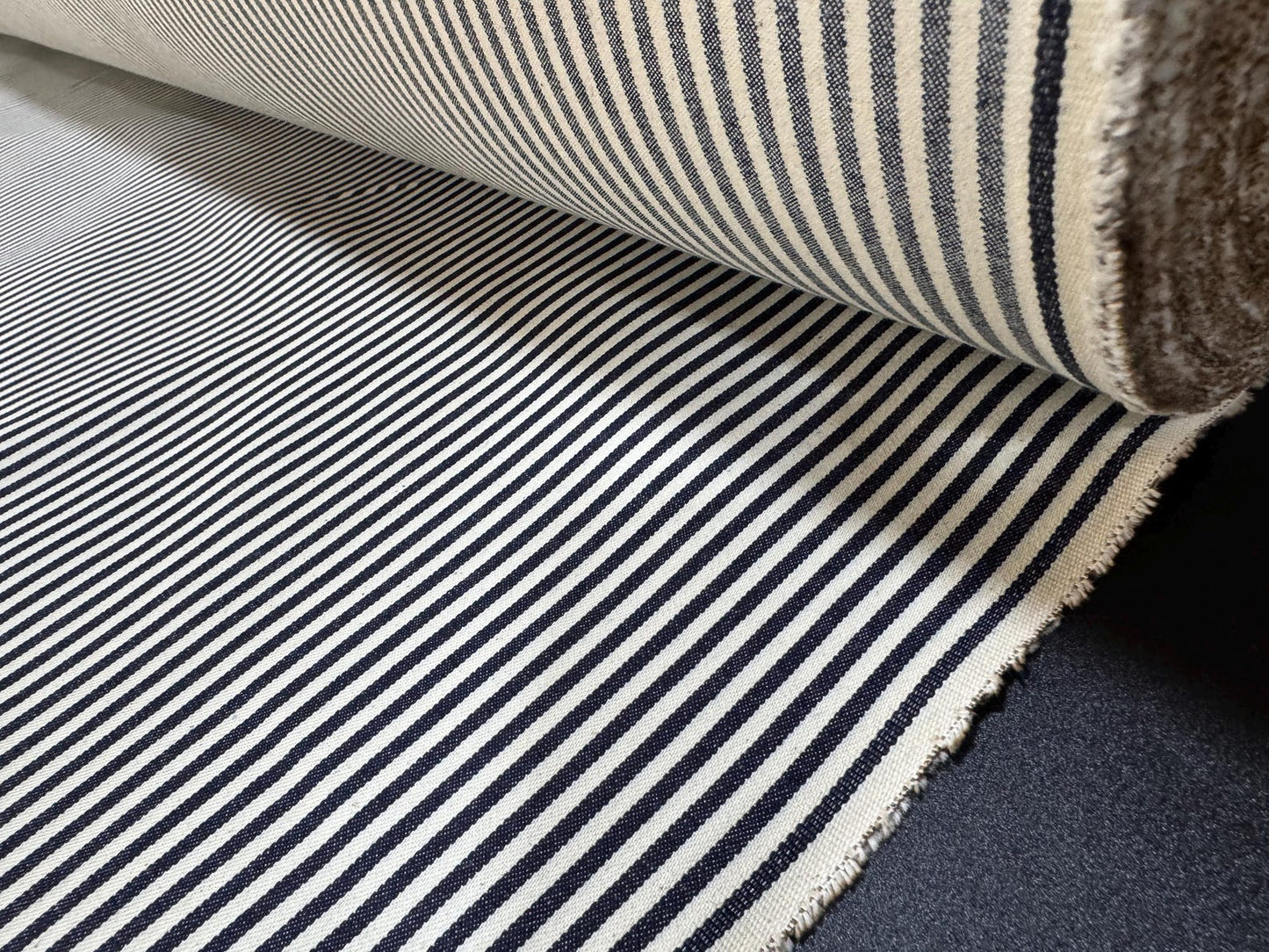 Okayama Denim | 10oz Double Width Indigo Hickory fabric showing striped pattern and texture.