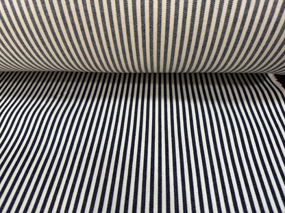 Okayama Denim fabric featuring a 10oz double width indigo hickory striped pattern, ideal for sewing and crafting.