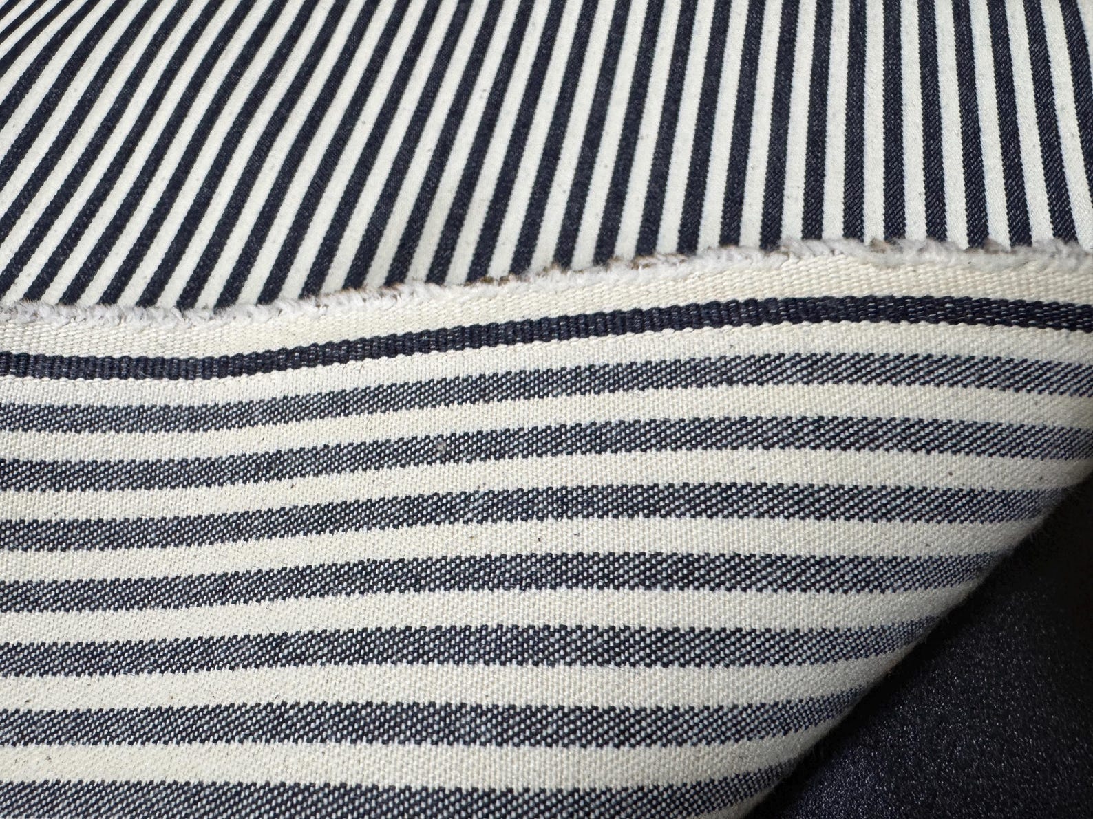 Okayama Denim | 10oz Double Width Indigo Hickory Fabric showing the striped pattern and texture of the high-quality denim.
