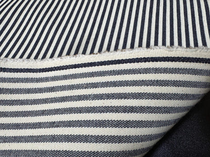 Okayama Denim | 10oz Double Width Indigo Hickory Fabric showing the striped pattern and texture of the high-quality denim.