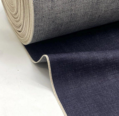 Okayama Denim 15.5oz indigo selvedge fabric roll with matching blue selvage edges